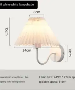 White wall lamp with pleated lampshade, curved arm, and mounting plate, with dimensions labeled in centimeters. | 28Alchemy