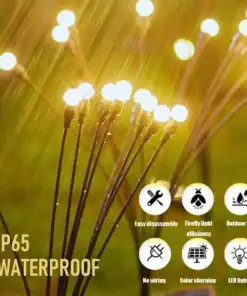 Cluster of glowing LED garden lights outdoors with icons highlighting waterproof, solar charging, and easy assembly features. | 28Alchemy