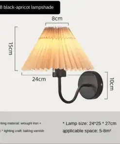 Wall-mounted lamp with a pleated apricot lampshade, black iron base, and labeled dimensions. | 28Alchemy