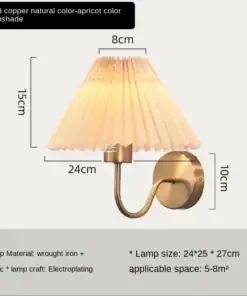 Wall-mounted lamp with apricot pleated shade, brass base, and dimensions labeled; suitable for 5-8m² spaces. | 28Alchemy
