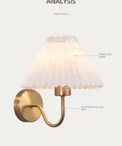 Brass wall lamp with a pleated white fabric lampshade and labeled parts, including iron lamp body and fabric shade. | 28Alchemy