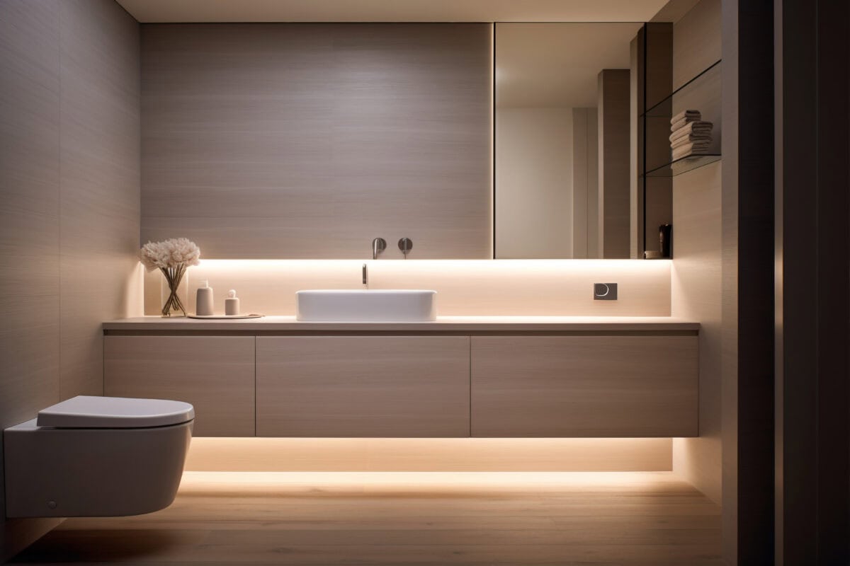 Modern bathroom with light wood finishes, floating vanity, vessel sink, large mirror, and soft under-cabinet lighting. | 28Alchemy