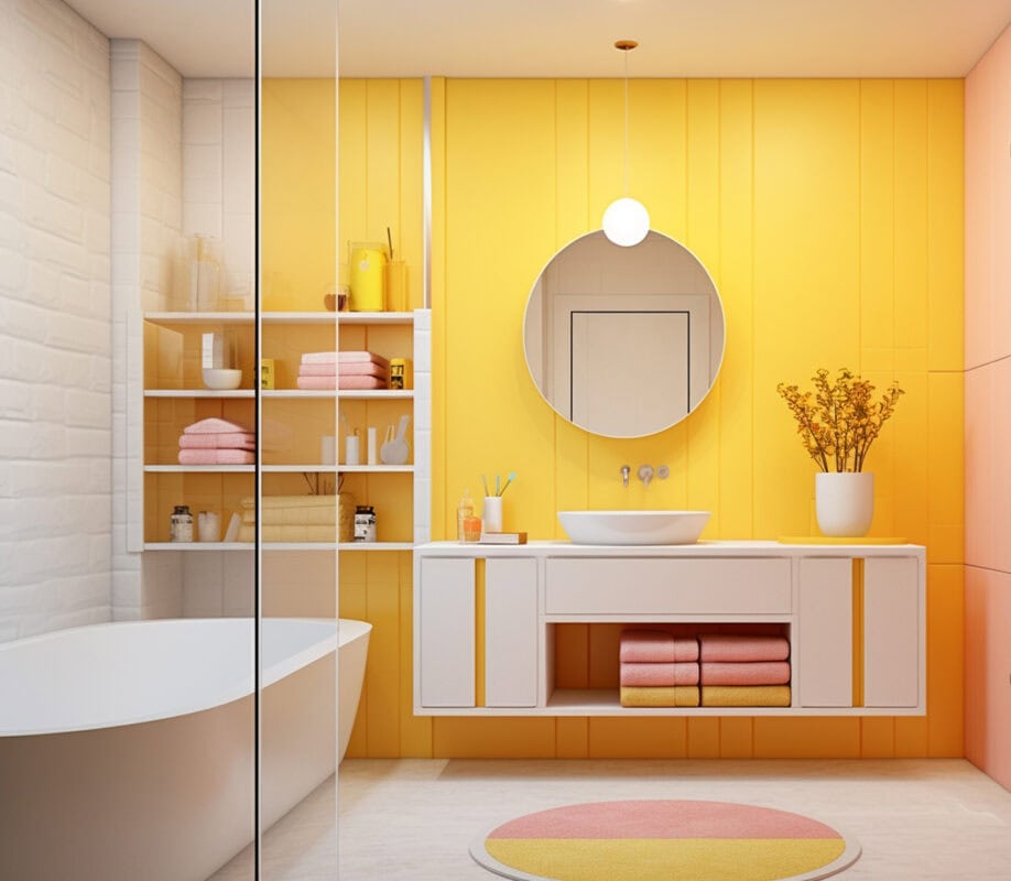 Modern bathroom with bright yellow walls, white vanity, round mirror, and neatly folded pink and yellow towels. | 28Alchemy