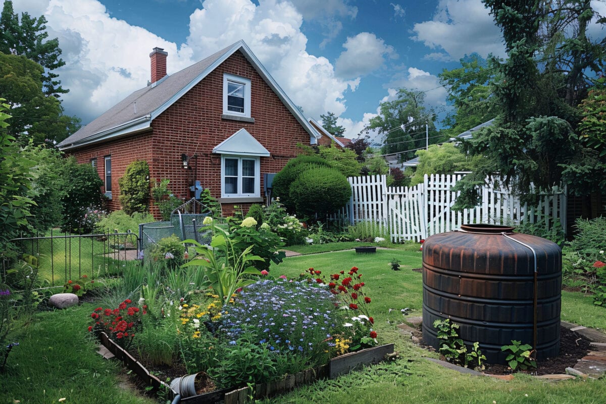 A brick house with a lush garden, flowers, a water barrel, and a white picket fence under a partly cloudy sky. | 28Alchemy