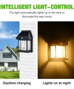 Split image: left side shows a solar light charging on a house in daylight, right side shows the light glowing at night. | 28Alchemy