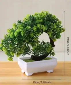 Artificial bonsai tree in a white pot on a wooden surface, measuring 19 cm tall and 19 cm wide. | 28Alchemy