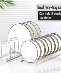 Two metal racks holding plates and bowls on a countertop, with text: "Can hold 8 bowls + 8 plates. | 28Alchemy