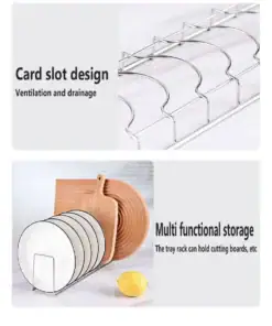 Wire rack tray with slots, holding plates and cutting boards, next to a lemon on a white surface. | 28Alchemy