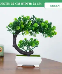 Artificial green bonsai tree in a white pot on a wooden table, with size details shown at the top. | 28Alchemy