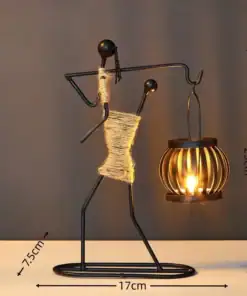 Metal figurine holding a lantern, wrapped with twine, with dimensions labeled: 25cm tall, 17cm wide, 7.5cm deep. | 28Alchemy