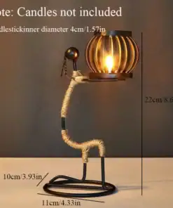 Metal candlestick holder with a bird design, holding a round cage-like candle cup; size measurements shown. | 28Alchemy