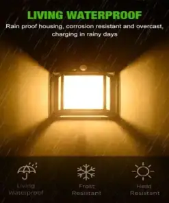 A glowing outdoor wall light in rain, highlighting its waterproof, frost, and heat resistant features. | 28Alchemy
