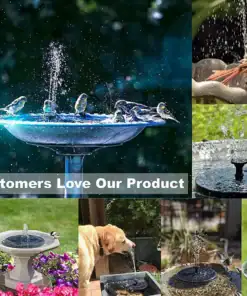 Collage of bird baths with fountains, birds, and pets enjoying the water; text reads "Customers Love Our Product. | 28Alchemy