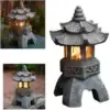 Pagoda-shaped lantern with ornate roof, glowing warmly inside, shown in outdoor settings and close-up view. | 28Alchemy