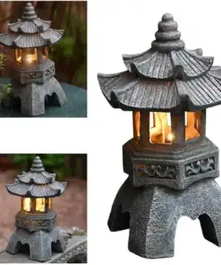 Pagoda-shaped lantern with ornate roof, glowing warmly inside, shown in outdoor settings and close-up view. | 28Alchemy