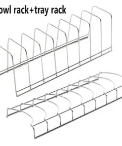 Two metal racks side by side, designed for holding bowls and trays, with labeled text above them. | 28Alchemy