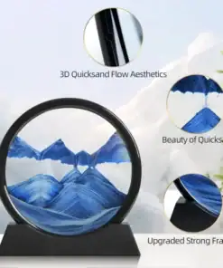 A round quicksand art frame with blue sand patterns, shown in close-up and detail with descriptive text overlays. | 28Alchemy