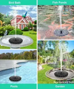 Collage of solar-powered fountains in a bird bath, fish pond, pool, and garden, labeled for each location. | 28Alchemy
