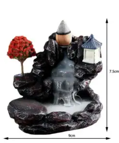 Mini tabletop waterfall incense burner with a red tree, lantern, and smoke flowing down, measuring 9cm by 7.5cm. | 28Alchemy