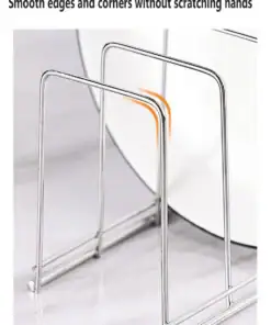 Metal dish rack with smooth, polished edges holds a glass plate upright on a white surface. | 28Alchemy