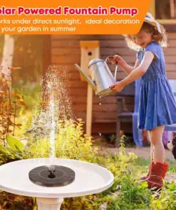A girl in a blue dress waters a garden near a solar-powered fountain pump spraying water on a sunny day. | 28Alchemy