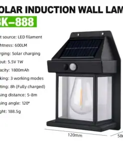 Solar induction wall lamp BK-888 with solar panel, LED filament, and dimensions and features listed beside the product image. | 28Alchemy