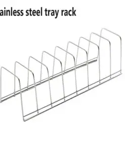 A stainless steel tray rack with multiple slots for organizing trays, featured on a white background. | 28Alchemy