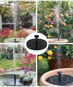 Collage of garden fountains with black solar-powered pumps spraying water into various outdoor pots and garden scenes. | 28Alchemy