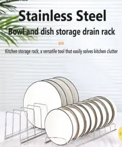 A stainless steel dish rack holding plates of various sizes, designed for kitchen storage and organization. | 28Alchemy