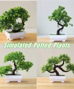 Four artificial bonsai trees in white pots, each with different green foliage, arranged in a grid layout. | 28Alchemy