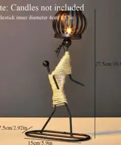 Metal sculpture candle holder shaped like a walking person, wrapped in twine, with measurements labeled. Candles not included. | 28Alchemy