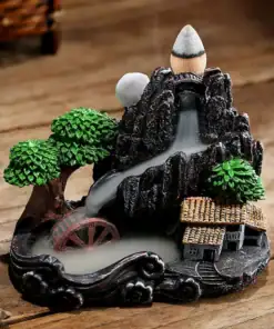 Miniature incense holder with a waterfall, waterwheel, trees, and small houses, emitting smoke from the top and base. | 28Alchemy