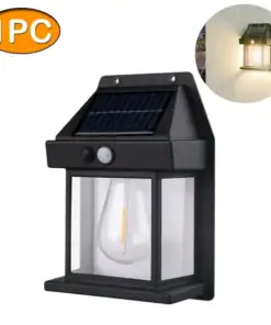 Black outdoor solar-powered wall light with clear panels and bulb, includes a round inset image showing it illuminated. | 28Alchemy