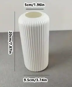 White ribbed cylindrical vase with labeled dimensions: 20cm tall, 9.5cm wide, and a 5cm opening diameter. | 28Alchemy