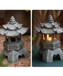A small stone pagoda lantern, shown in daylight on gravel and at night glowing with a light inside. | 28Alchemy