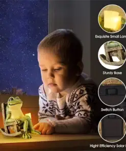 A child gazes at a glowing frog lamp on a windowsill at night. Four inset images show lamp features. | 28Alchemy