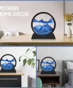 Three photos of a circular blue sand art decor piece displayed on tables and a nightstand in modern home settings. | 28Alchemy