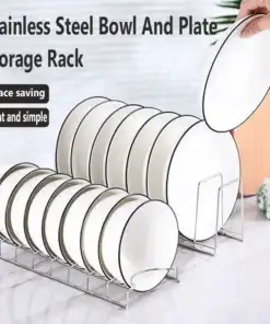 A stainless steel rack holds plates and bowls upright, with a hand placing a plate on the rack. | 28Alchemy