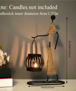 Metal candle holder shaped like a person holding a lantern, with size dimensions and a "candles not included" note. | 28Alchemy
