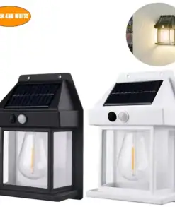 Two wall-mounted solar-powered lanterns, one black and one white, with solar panels on top and a round light inside. | 28Alchemy