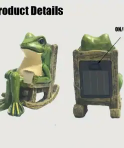 Two views of a frog figurine in a rocking chair, holding a cup; back shows a solar panel with an ON/OFF switch. | 28Alchemy