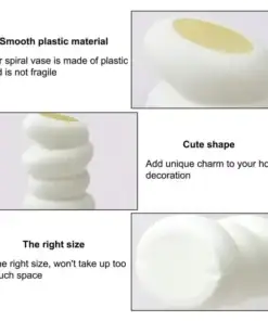 Collage showing close-ups of a white spiral plastic vase with text highlighting its smooth material, cute shape, and compact size. | 28Alchemy