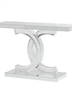 A modern, mirrored console table with a rectangular top and two interlocking circular supports on a rectangular base. | 28Alchemy