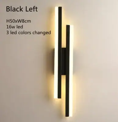 Modern black LED wall light with two vertical bars glowing, labeled "Black Left," 50x8cm, 16W, 3 color options. | 28Alchemy