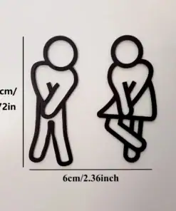 Two restroom symbols, one male and one female, standing with crossed legs as if needing to use the bathroom. Measurements shown. | 28Alchemy