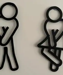 Two stick figure signs, one in pants and one in a skirt, both holding their crotch as if needing a restroom. | 28Alchemy