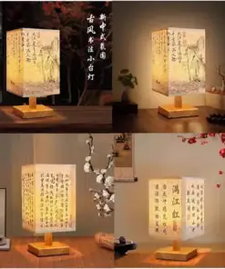 Four views of a square table lamp with Chinese calligraphy and traditional art on its paper shade, placed on a wooden base. | 28Alchemy