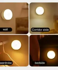 Four round night lights are shown mounted on a wall, corridor aisle, wardrobe, and bedside in separate images. | 28Alchemy