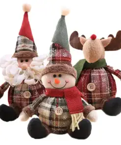 Three festive plush toys: Santa Claus, a snowman, and a reindeer, all wearing plaid outfits and sitting together. | 28Alchemy