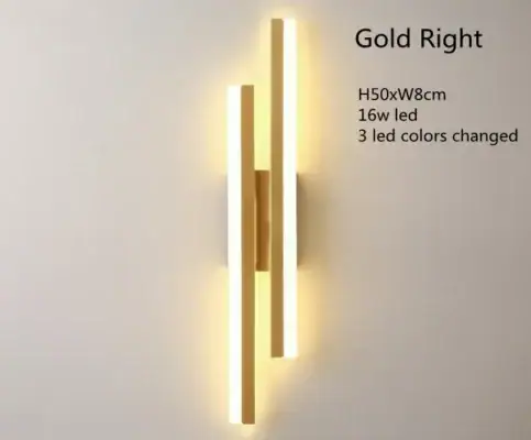 Modern gold wall sconce with two vertical LED bars, emitting warm light, labeled "Gold Right" with size and specs. | 28Alchemy